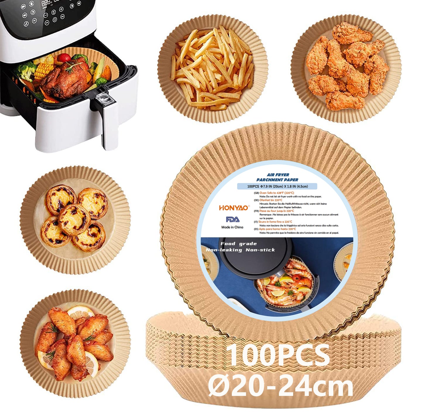 HONYAO Air Fryer Liners Disposable, 100PCS Square Air Fryer Paper Liners Sheets, Non-Stick Parchment Paper for Air Fryer Basket