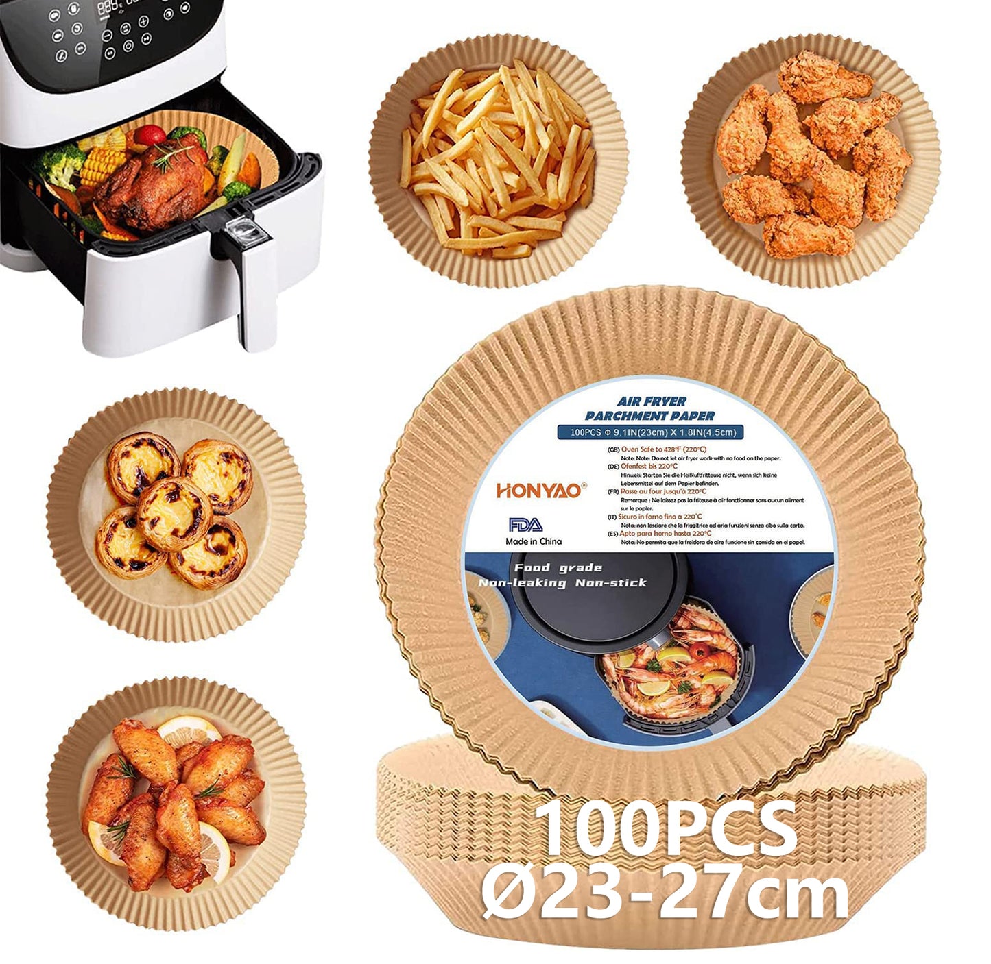 HONYAO Air Fryer Liners Disposable, 100PCS Square Air Fryer Paper Liners Sheets, Non-Stick Parchment Paper for Air Fryer Basket