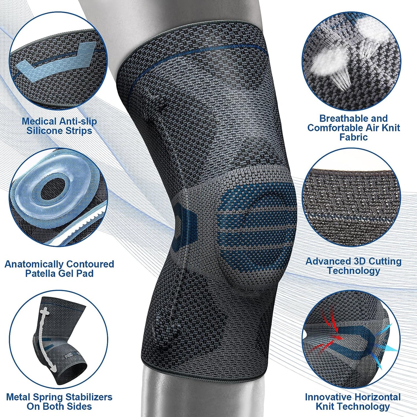 Knee Support, Compression Knee Sleeve with Patella Gel Pad & Side Stabilizers, Knee Support for Pain Relief, Knee Brace for Running, Workout, Arthritis, Joint Recovery
