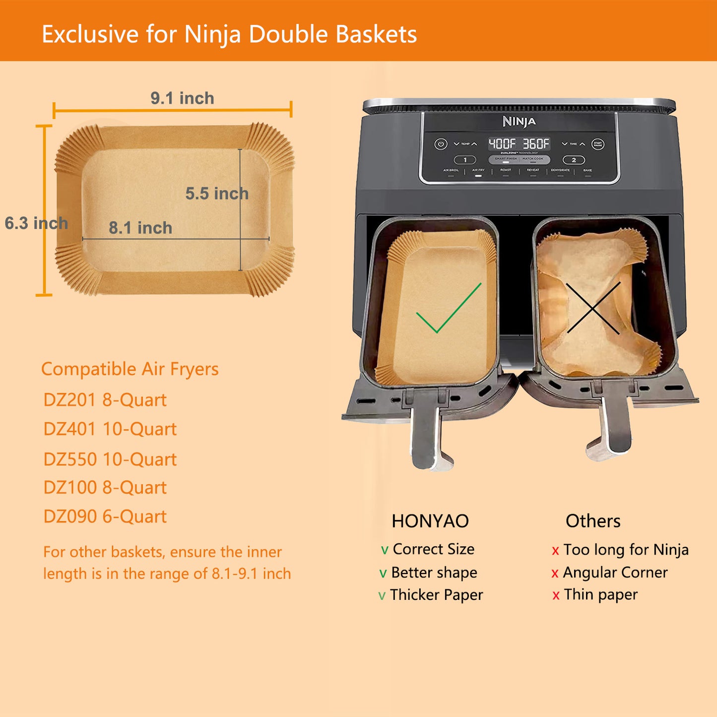HONYAO Air Fryer Paper Liners for Ninja Airfryer, 8.1x5.5 inch Rectangle Disposable Parchment Papel for Foodi Dual Zone DZ201/ DZ401/ DZ550/ DZ090/ DZ100, Food Grade Air fryer Accessories BPA free