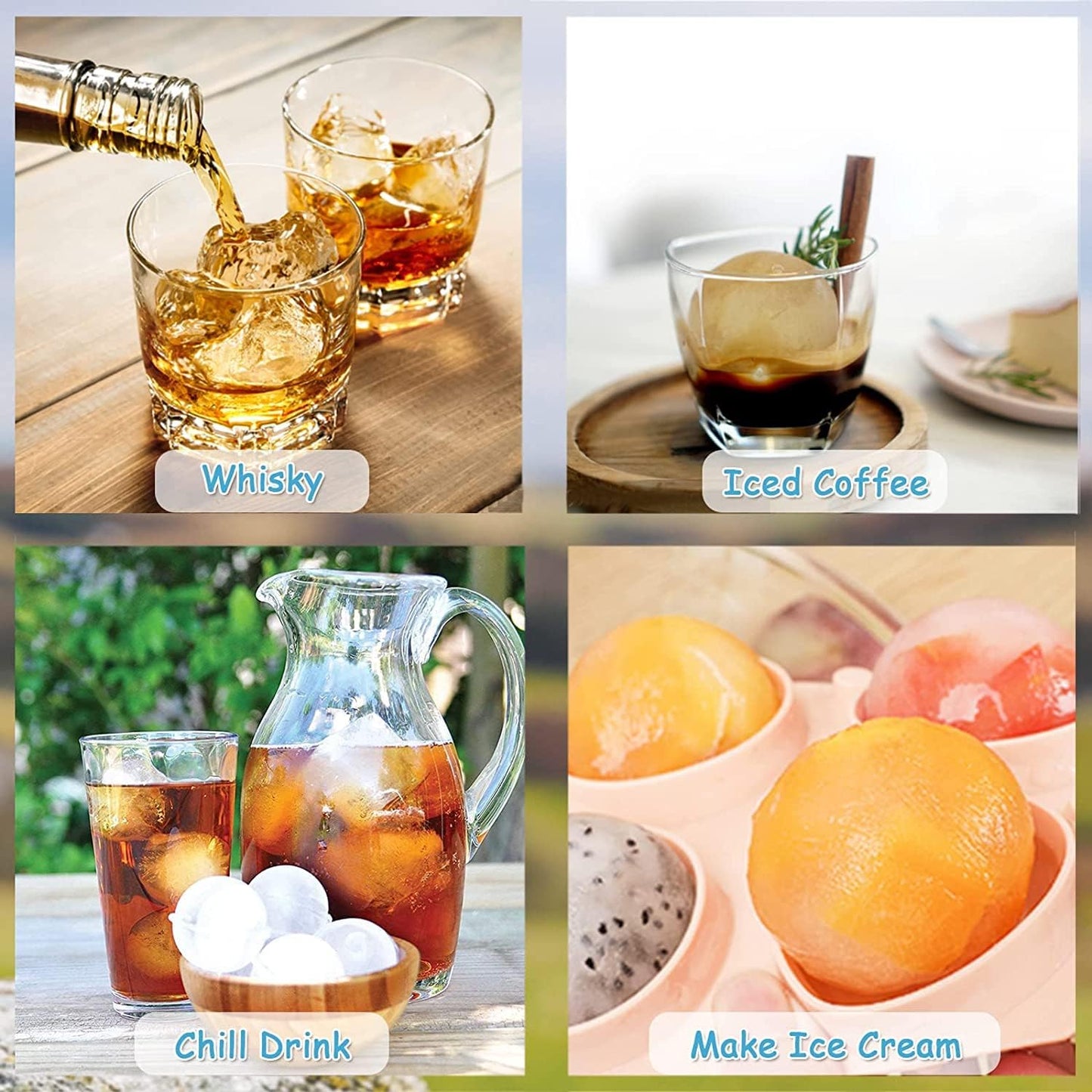 Whiskey Ice Ball Mold, HONYAO Ice Ball Maker Mold 100% Silicone Round Balls Ice Cube Tray with Clear Individual Lid, 2.4in Large Sphere Ice Ball Molds for Cocktails Bourbon Rum - 4 Iceballs