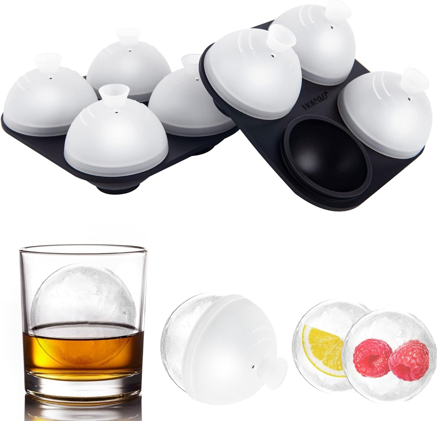 Whiskey Ice Ball Mold, HONYAO Ice Ball Maker Mold 100% Silicone Round Balls Ice Cube Tray with Clear Individual Lid, 2.4in Large Sphere Ice Ball Molds for Cocktails Bourbon Rum - 4 Iceballs
