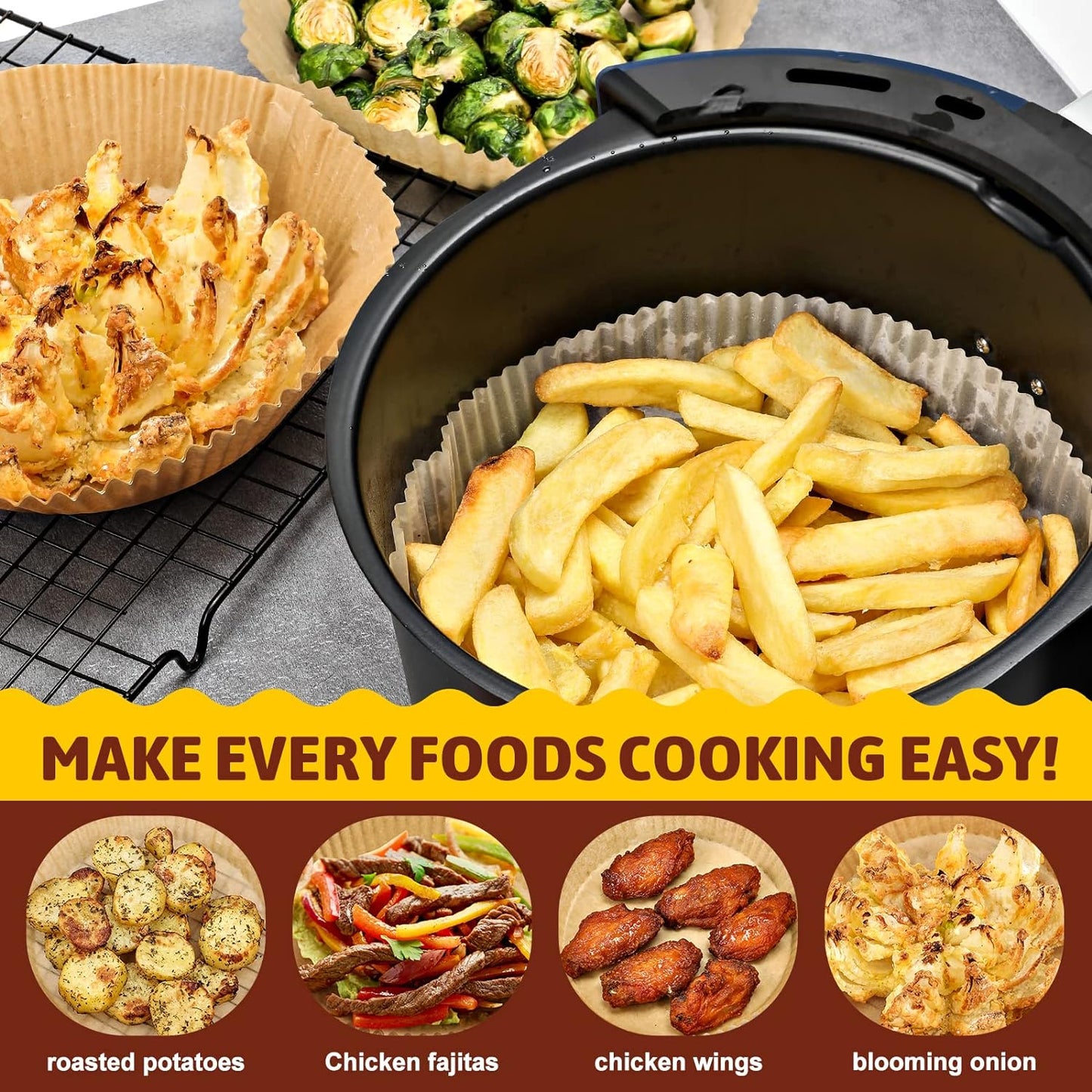 HONYAO Air Fryer Liners Disposable, 100PCS Square Air Fryer Paper Liners Sheets, Non-Stick Parchment Paper for Air Fryer Basket