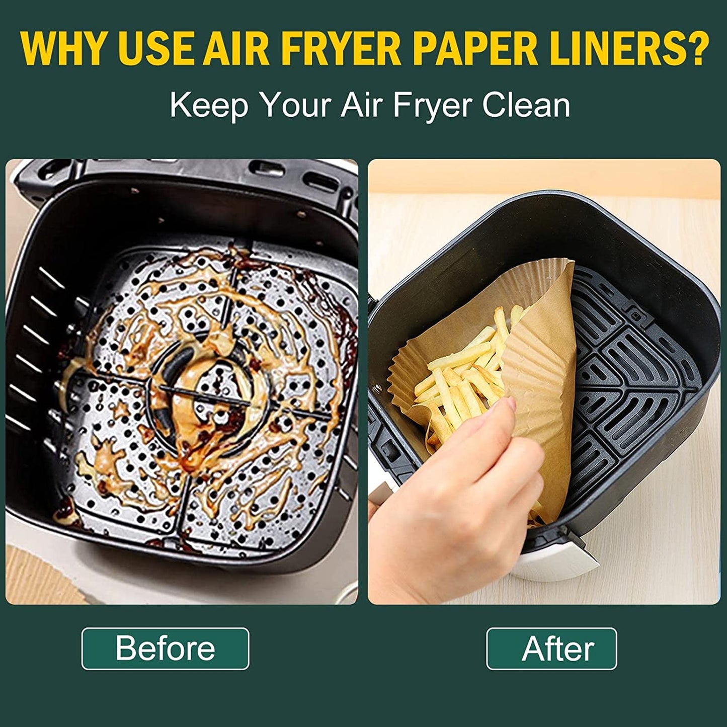 HONYAO Air Fryer Liners Disposable, 100PCS Square Air Fryer Paper Liners Sheets, Non-Stick Parchment Paper for Air Fryer Basket