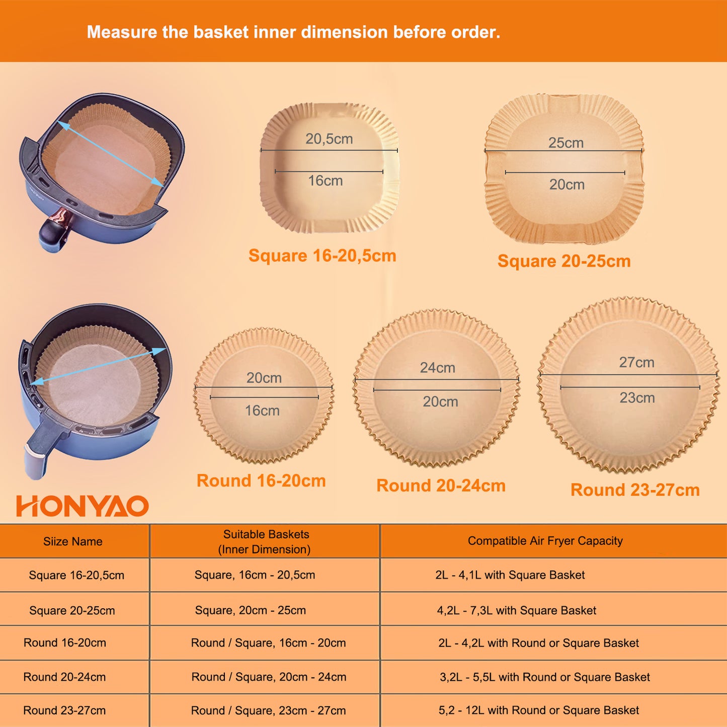 HONYAO Air Fryer Liners Disposable, 100PCS Square Air Fryer Paper Liners Sheets, Non-Stick Parchment Paper for Air Fryer Basket