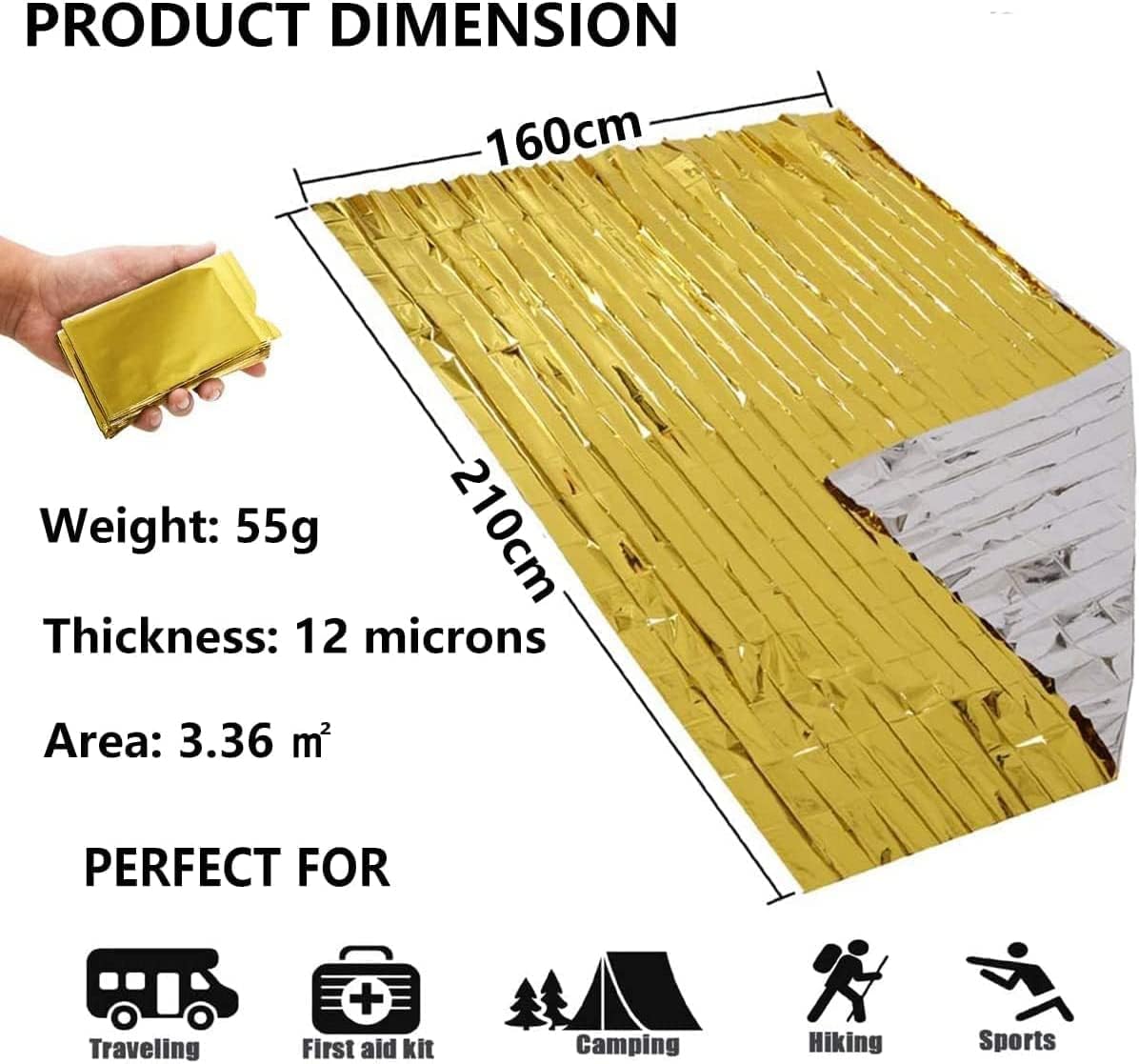 Emergency Blankets Foil Blankets Gold Silver, Thermal Blanket 210×160 cm